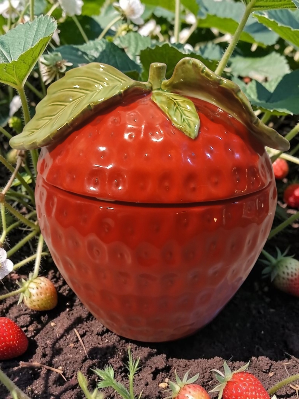 Red Ceramic Strawberry Candle Jar with Green Leaf Lid